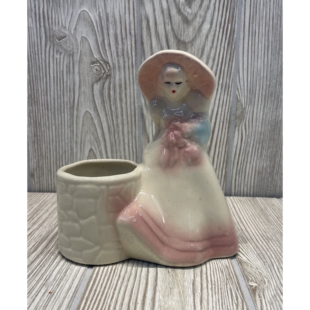 Vintage Ceramic Victorian Lady Planter Sun Hat Figurine Pink Blue Pastel Well